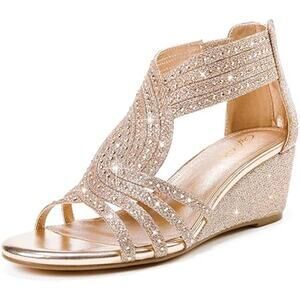 Gufobela Womens Size 7.5 Rose Gold Rhinestone Open Toe 2.5" Heel Sandal Shoes